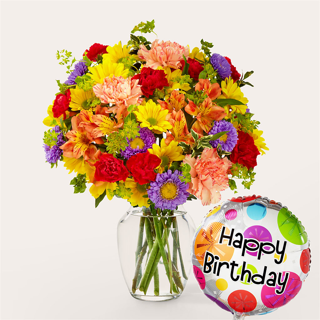 Kaleidoscope Bouquet with Birthday Balloon – Ruiz Creationz Llc, Miami FL