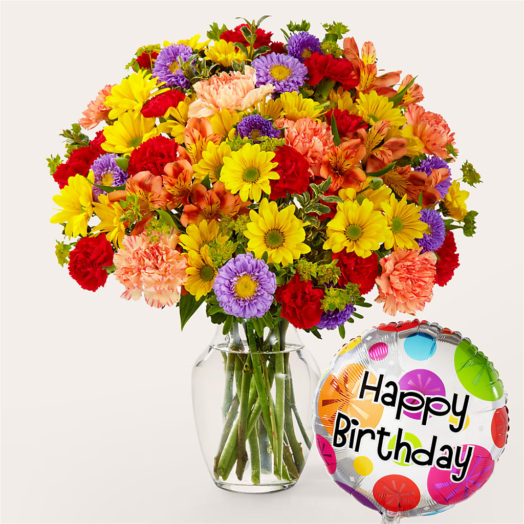 Kaleidoscope Bouquet with Birthday Balloon – Ruiz Creationz Llc, Miami FL