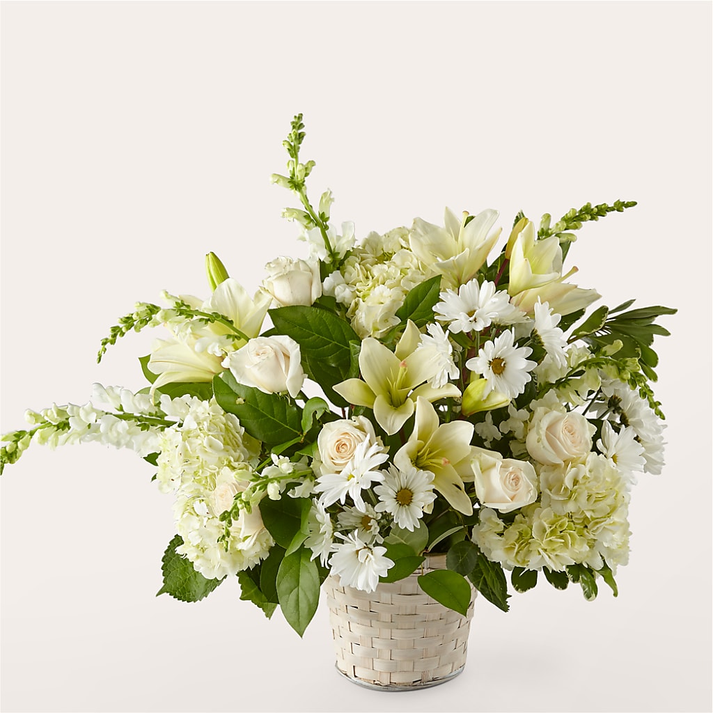 Ivory Elegance Floral Basket – Ruiz Creationz Llc, Miami FL