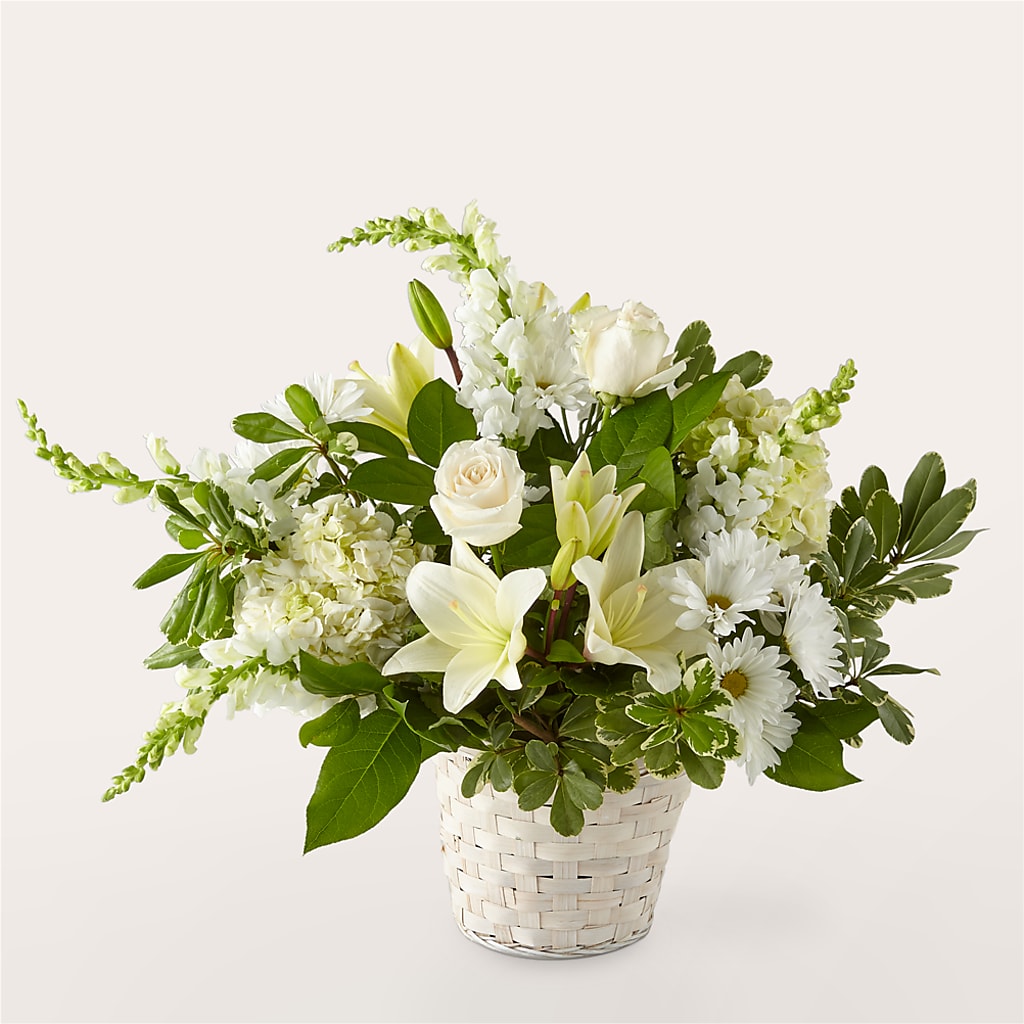 Ivory Elegance Floral Basket – Ruiz Creationz Llc, Miami FL