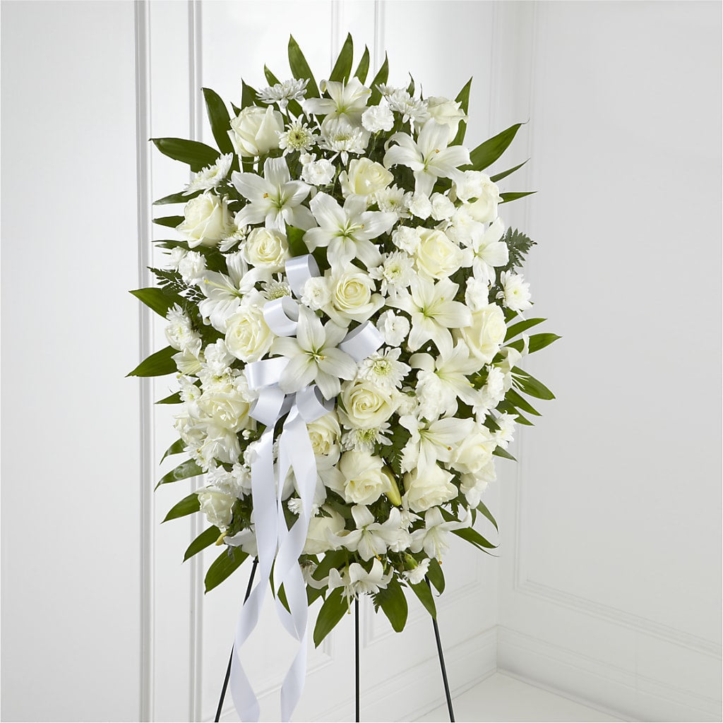 Exquisite Tribute Standing Spray-White Ribbon – Ruiz Creationz Llc, Miami FL