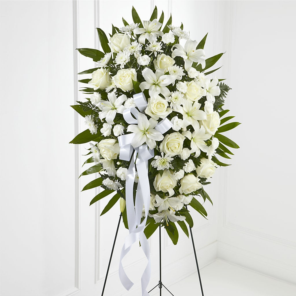 Exquisite Tribute Standing Spray-White Ribbon – Ruiz Creationz Llc, Miami FL